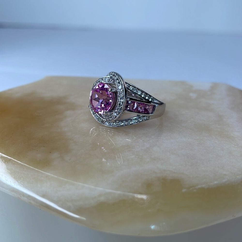 Ring Sterling Silver Pink Halo Ring by JMBR Cubic Zirconia Cocktail Bling Ring - Picture 3 of 10